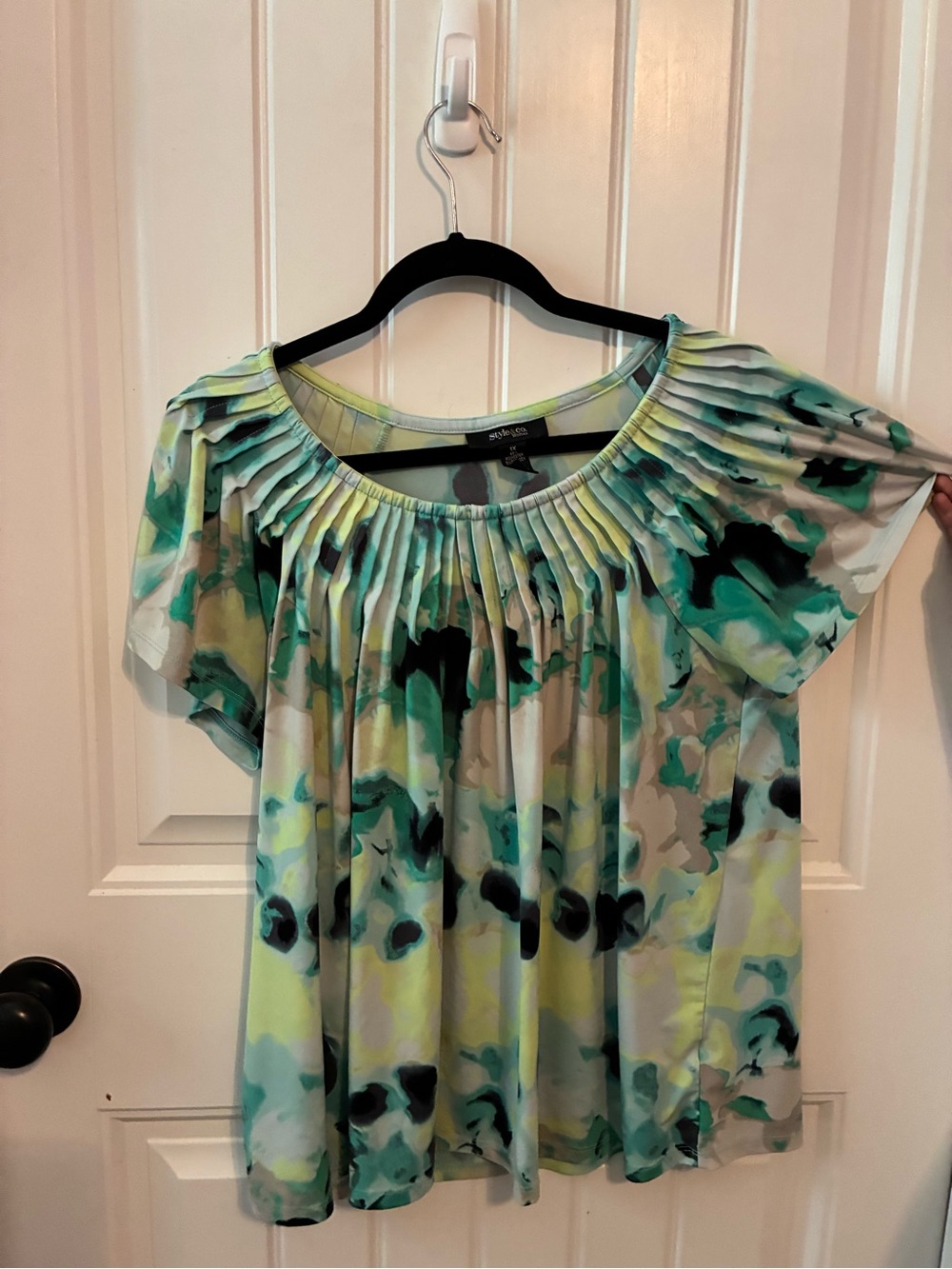 Style & Co. Short-Sleeve Pleated Scoop-Neck Blouse in Teal, Black, Lime